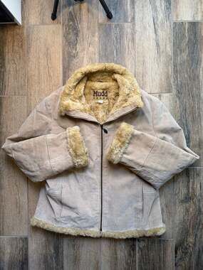 Vintage Fur Coat Mudd Jeans Suede Faux Fur Jacket Size L Tan